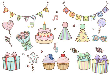 Cute hand drawn birthday party elements set, colorful doodle celebration illustration