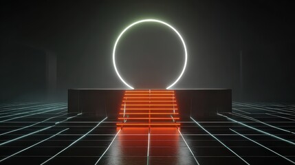 Abstract Digital Render of Glowing Circle above Red Steps on Tiled Surface with Dim Lighting and Geometric Background Elements
