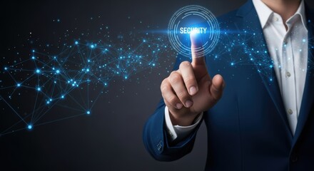 Man activates security system touching digital interface with glowing network connecting dots for cybersecurity authentication