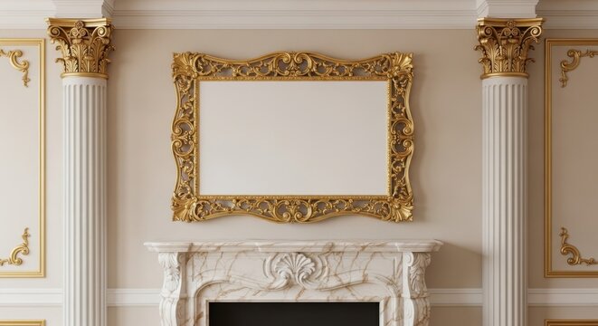 Elegant classical interior with ornate gold frame mirror above marble fireplace in luxurious setting