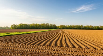 Plowed agricultural field with neat rows of soil under a clear blue sky with a few wispy clouds and a line of green trees in the distance, showcasing the preparation for planting