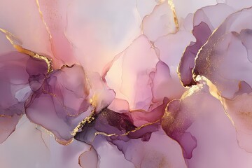 Abstract Fluid Acrylic Painting with Soft Pink Purple and Gold Tones Swirls and Glitter Details on Light Background