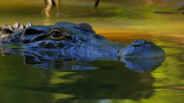 A close-up view of an alligator's head emerging from murky water, its eye fixed with a determined gaze. The alligator creates a sense of primal nature.  Stock Video