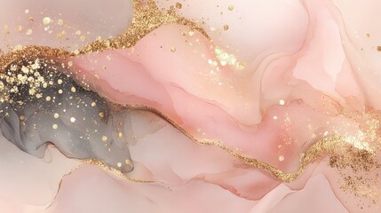 Abstract Fluid Art with Swirling Blush Pink and Rose Gold Hues Detailed Texture with Golden Glittering Accent