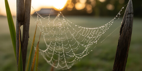 Enchanting sunrise illuminates a delicate spiderweb adorned with glistening dewdrops, creating a magical atmosphere in nature's embrace, evoking tranquility and the beauty of the early morning