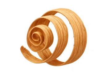 Wood shaving forming elegant spiral curl, showcasing natural grain and warm texture. Crafting and carpentry design element
