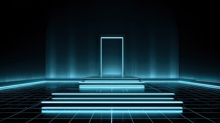 Abstract Futuristic Stage with Glowing Neon Lights and Steps in Dark Environment