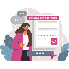 Woman Points To Exclusive Sponsor Rights Document With Chat Bubbles and Leafy Accents On Transparent Background