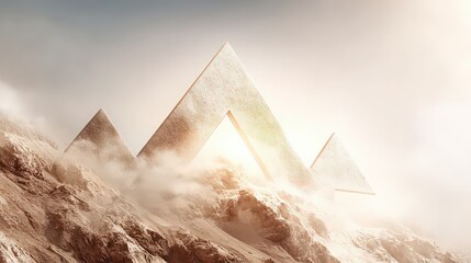 Abstract Geometric Mountain Range In Dense Fog With Warm Sunlight