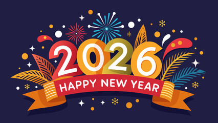 Happy new year 2026 celebration with fireworks and festive decorations