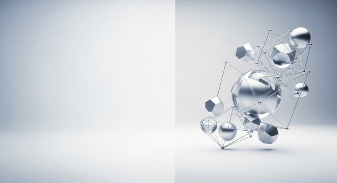 Abstract metallic geometric structure with spheres and polygons on a minimalist background.