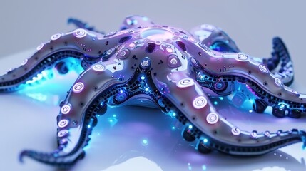 Colorful octopus with vibrant blue lights on a white isolated background.