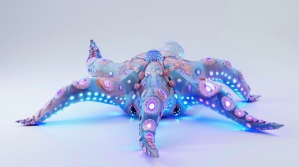 Colorful octopus with illuminated patterns on a white isolated background.