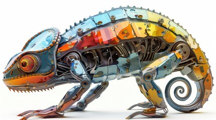 Colorful robotic chameleon, white isolate background.