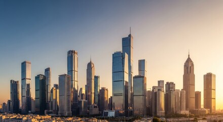 Obraz premium Modern City Skyline at Sunset with Gleaming Skyscrapers