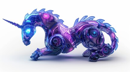 Colorful robotic unicorn sculpture on a white isolated background.