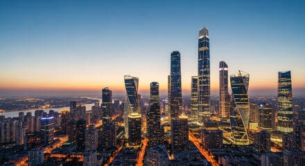 Modern Cityscape at Dusk with Illuminated Skyscrapers and Vast Urban Landscape