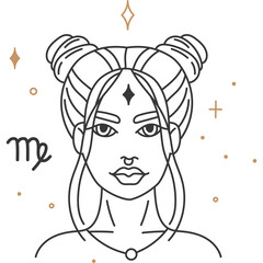Virgo Zodiac Sign Portrait Female Illustration with Star Details and Celestial Accents Elegant Outline Drawing