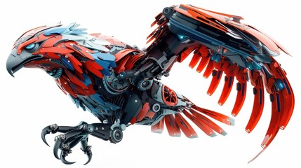 Futuristic mechanical eagle, vibrant colors against white isolated background.