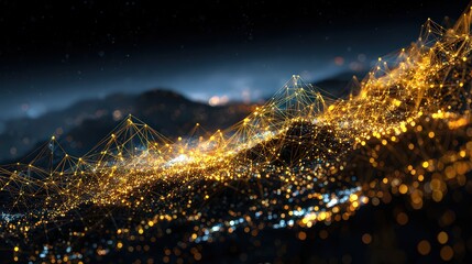 Abstract Golden Nodes Interconnected Network on Dark Blue Background Science Technology Futuristic Data Visualization Communication Network Structure Background