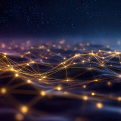 Abstract Golden Nodes Network Against Starry Night Sky Background