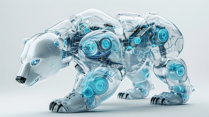 Futuristic robotic bear design with transparent body and blue details.