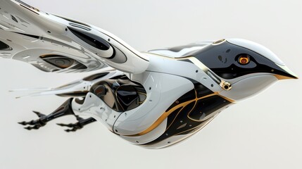Futuristic robotic bird in flight, sleek white and black design.