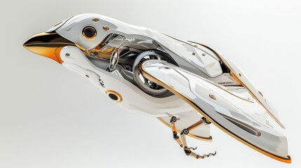Futuristic robotic bird, sleek design, white isolate background.