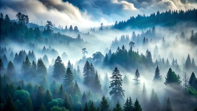 Misty forest in the hills