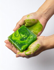 Hands Washing with Green-Colored Soap Making Hands dirty, – Greenwashing and Sustainability Metaphor