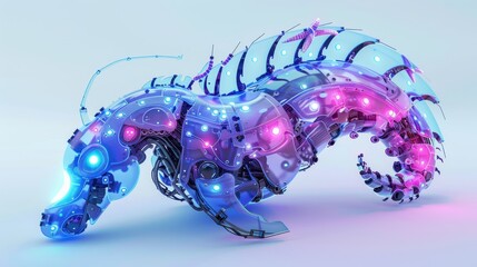 Futuristic robotic creature with glowing lights and intricate design, isolated on white.
