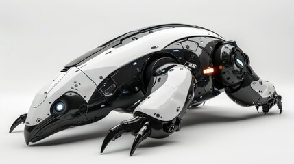 Futuristic robotic creature with intricate designs, white isolated background.
