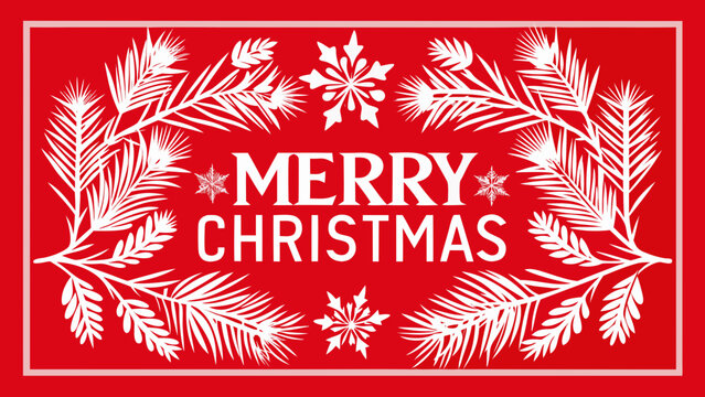 Elegant white merry christmas text surrounded by pine branches and snowflakes on red background - Powered by Adobe