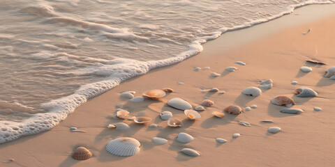 Seashells scattered on a sandy beach washed by gentle ocean waves during a tranquil sunset, ideal for coastal designs and serene vacation themes, capturing summer feelings and escape