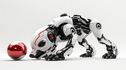 Futuristic robotic dog playing with a red ball, white isolated background.