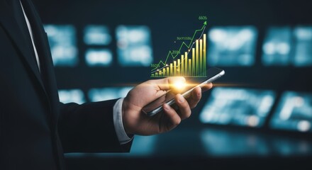 Businessman holds phone displaying successful financial growth trending upward with positive investment returns and economic performance indicators
