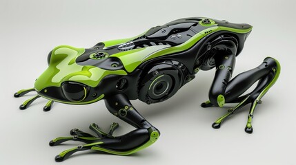 Futuristic robotic frog design with sleek black and green colors, isolated on white.