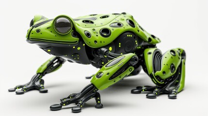 Futuristic robotic frog with vibrant green color against a white isolated background.