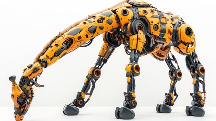 Futuristic robotic giraffe with orange and gray details on a white isolated background.