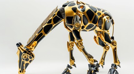 Futuristic robotic giraffe with a sleek design, white isolated background.