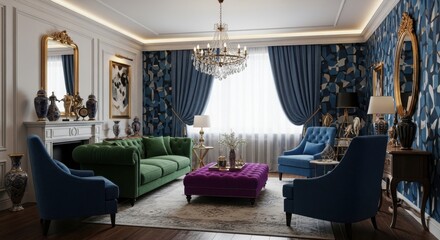 Elegant and luxurious living room interior with classic decor and vibrant colors