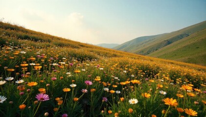 Fototapeta premium Sun drenched hillside alive with a riot of colorful wildflowers, stretching towards the horizon. A sweeping panoramic view of a rolling hillside completely covered in a dense, vibrant mosaic of