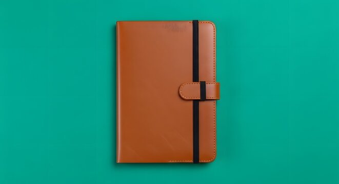 A closed brown leather notebook with a strap closure resting on a vibrant teal background, ideal for note-taking, journaling, or organization purposes