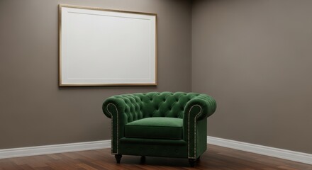 Elegant green velvet tufted armchair in minimalistic interior with blank whiteboard behind