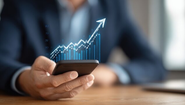 Investor uses a smartphone to analyze increasing stock market trends with an upward pointing arrow indicating growth potential
