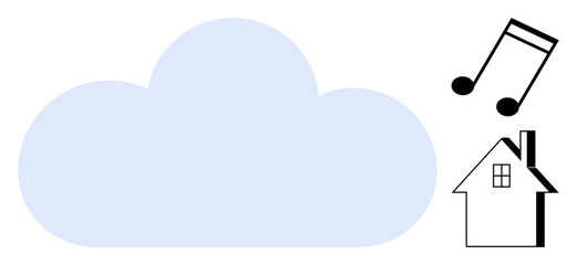 Soft blue cloud with black music notes and house symbolizing digital storage, entertainment, cloud-based services, connectivity, multimedia, remote access, and home technology. Simple flat metaphor