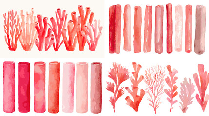 Watercolor red coral branches and tube shapes in vivid sea tones, isolated on white for marine design, patterns, invitations, and bold coastal decor.