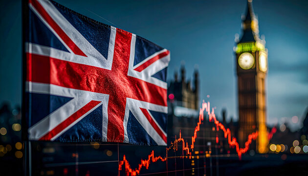 Close-up of the Union Jack flag superimposed on a red financial path graph, representing the UK economy, the British stock market, London's financial district, the political impact on trade, or Brexit