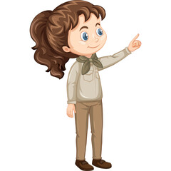 Pixel Art Illustration Of A Young Girl With Brown Ponytail And Blue Eyes Wearing A Light Brown Safari Outfit And Pointing To The Right Side With A Transparent Background