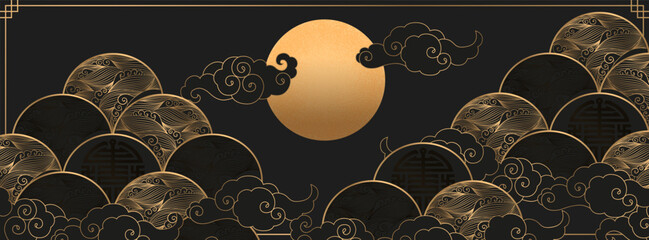 Vector oriental illustration with gold waves, clouds and moon isolated on black background. Traditional asian motifs ornament template for web banner, card print, poster, brochure, wallpaper